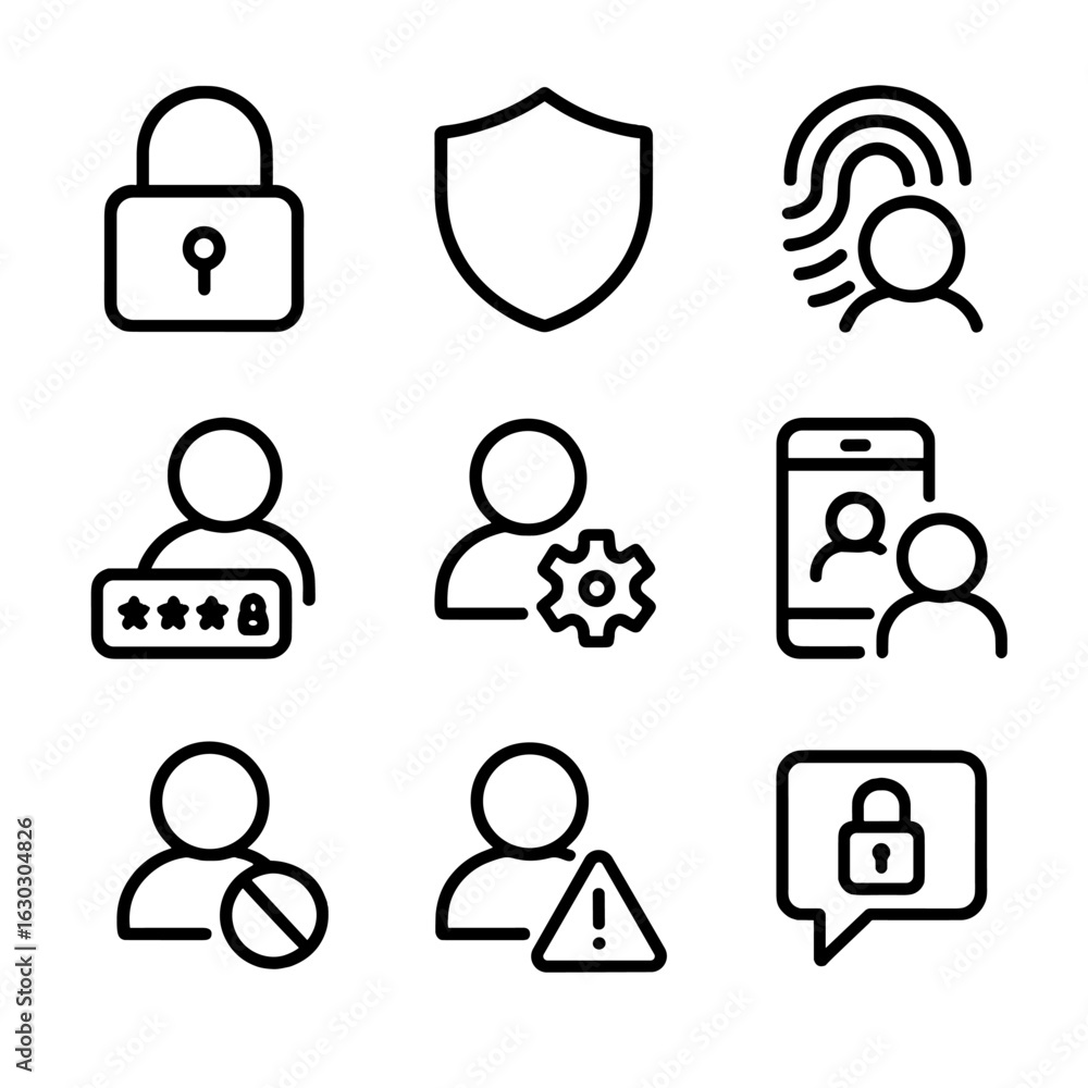 Poster security icon grid. outline icon set of avatar security and privacy: padlock, shield, user fingerpri