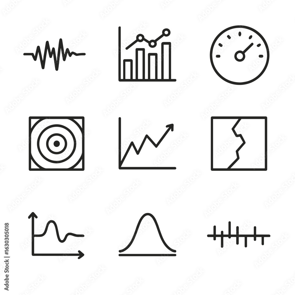 Poster seismic data icons set. outline icon set of seismic data visualization: waveform, spectral analysis,