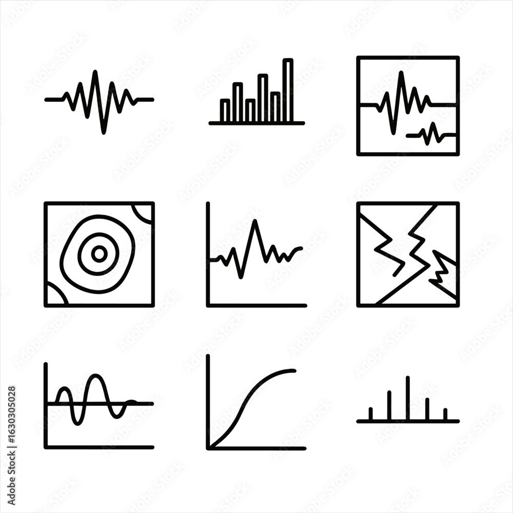 Poster seismic data icons set. outline icon set of seismic data visualization: waveform, spectral analysis,