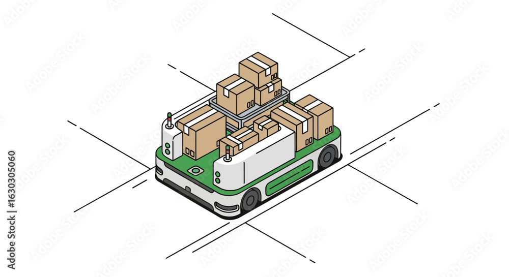 Poster autonomous mobile robot transporting stacked cardboard boxes