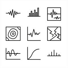 Obraz premium Seismic Data Icons Set. Outline icon set of seismic data visualization: waveform, spectral analysis, earthquake magnitude scale,