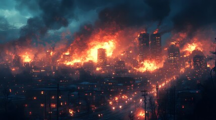 Fototapeta premium Inferno rages through a city, disaster background, buildings ablaze with intense flames. Smoke and fire create a scene of total devastation. Destruction is widespread and chaotic.