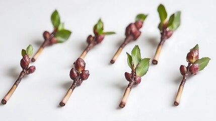 Detailed close-up of tree branches and leaves on white background, 135mm lens capturing fine textures and subtle shadows, studio lit for crisp isolation