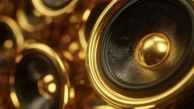 Glimmering arrangement of gold and black audio speakers in a luxurious cascade