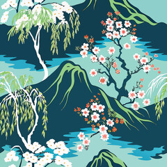 A serene japanese landscape featuring blooming cherry trees and weeping willows beside tranquil blue waters and stylized green mountains