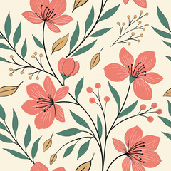 A charming seamless pattern featuring delicate coral pink flowers with dark centers green leaves and subtle golden accents on a cream background