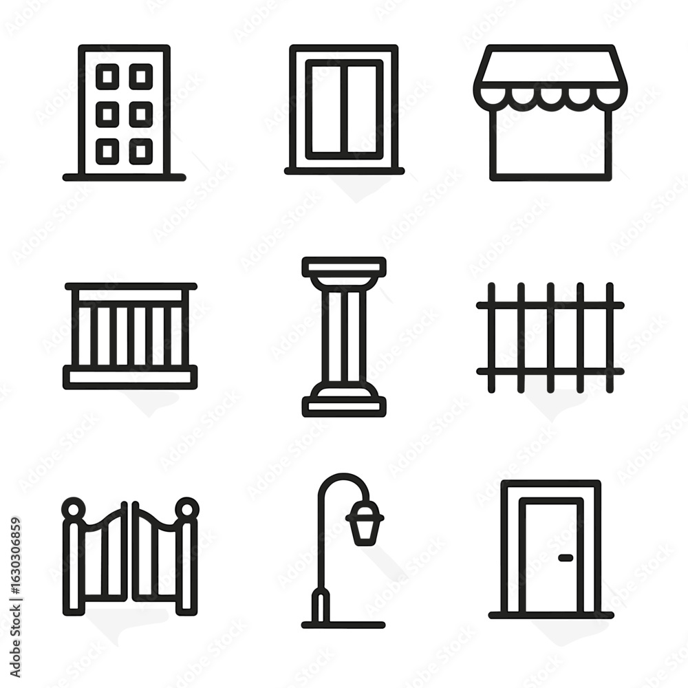 Poster shadow outline icons. outline icon set of shadow in architecture: building shadow, window shade, awn