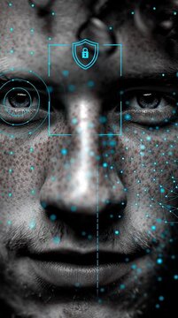 Identity security authentication protection. Access privacy. Verification management. Futuristic facial recognition scanning closeup.