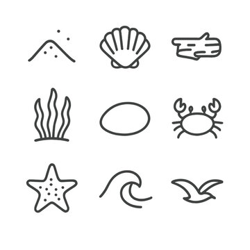 Shore Nature Icons. Outline icon set of shore nature: sand, seashell, driftwood, seaweed, pebble, crab, starfish, wave, seagull.
