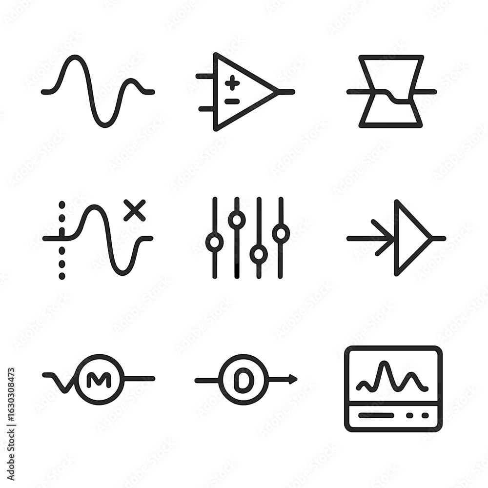 Poster signal processing icons. outline icon set of signal processing: waveform, signal amplifier, filter, 