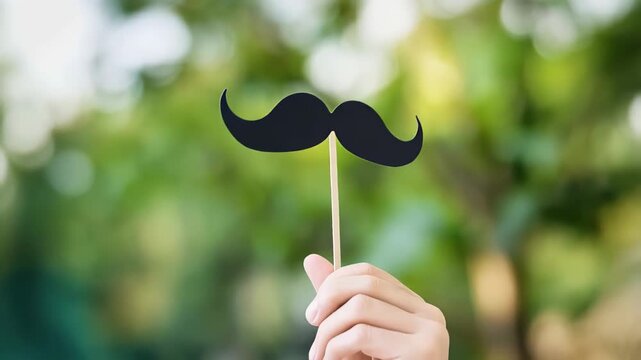 Hand gripping novelty black fake mustache prop on wooden stick, creating whimsical comedy against blurred verdant backdrop
