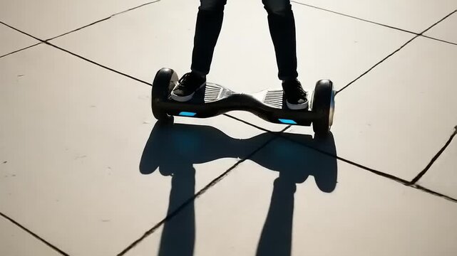 Person riding a hoverboard on a cracked pavement, showcasing balance and leisure activity