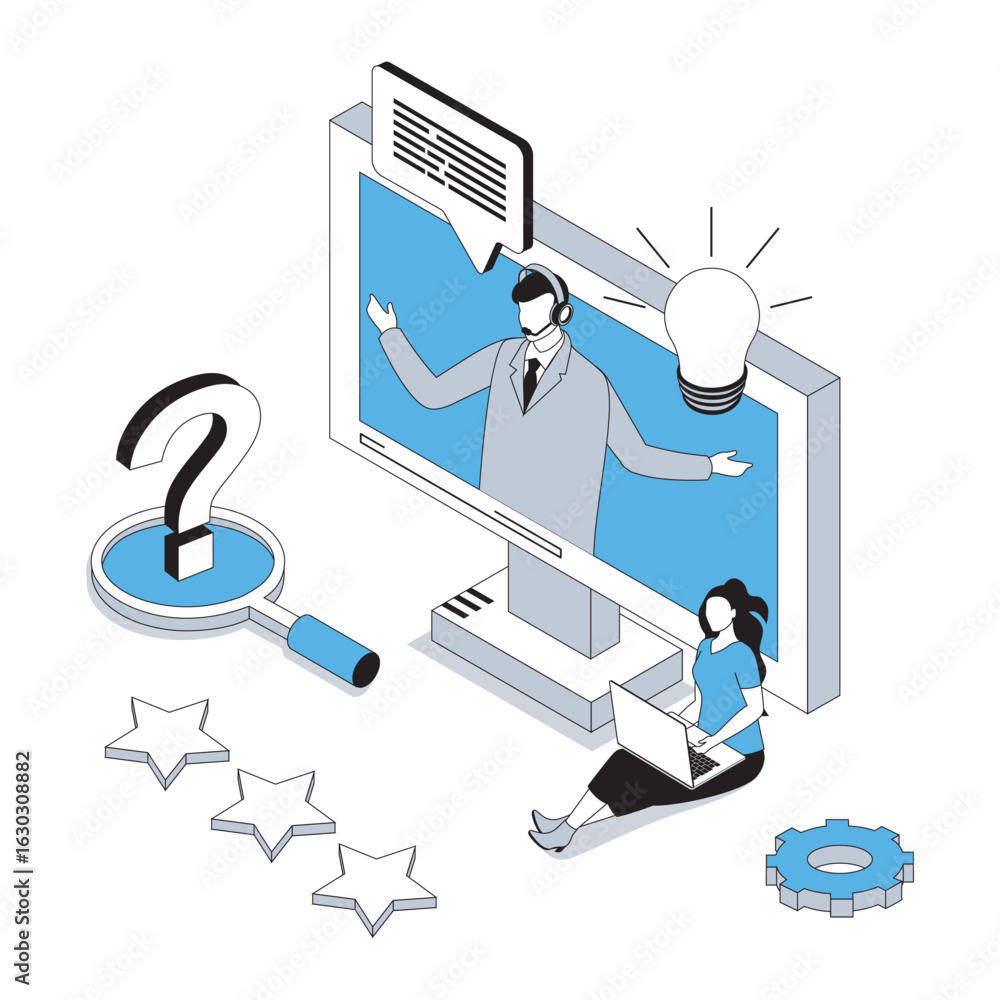 Poster customer support 3d isometric concept with isometry people design for web. operator in headset consu
