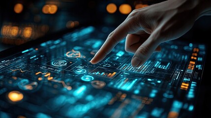 AI Business Analytics Dashboard: Hand Pointing at Interactive Screen with Data Visualization and Real-Time Market Trends