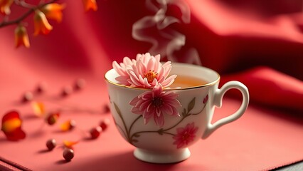 A delicate white porcelain teacup with chrysanthemum blossoms, steaming golden tea against a blurred red silk background.