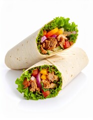 Fresh chicken wrap with vegetables cut in half isolated on white background