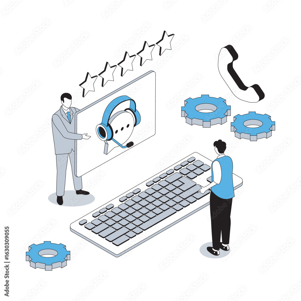 Poster customer support 3d isometric concept with isometry people design for web. clients connecting with t