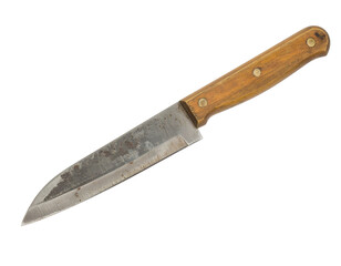 A sturdy kitchen knife with a wooden handle and a slightly tarnished blade, ideal for various culinary tasks.