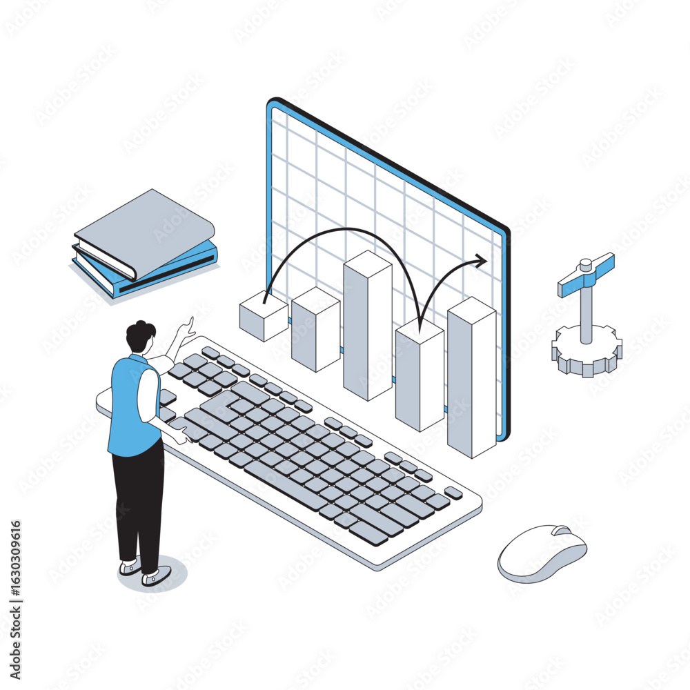 Poster data analysis 3d isometric concept with isometry people design for web. man bookkeeping and calculat