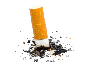 A broken cigarette butt settles among scattered ash and debris, symbolizing waste and the impact of smoking.