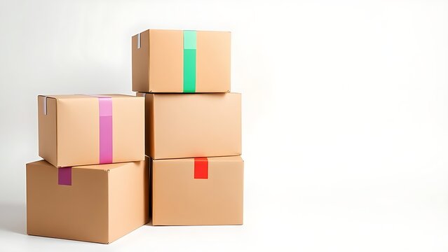 Stacked cardboard shipping boxes with colorful tape on a clean white backdrop.