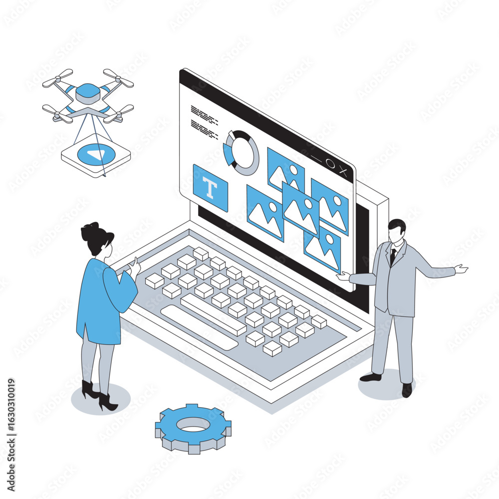 Poster designer studio 3d isometric concept with isometry people design for web. creative team brainstormin