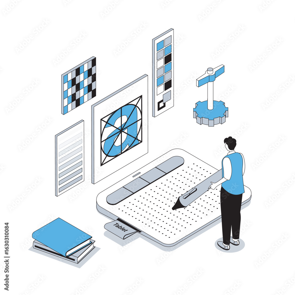 Poster designer studio 3d isometric concept with isometry people design for web. illustrator drawing digita