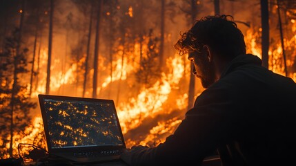 Man analyzes a Disaster Background forest fire map on his laptop, highlighting the urgency and scale of the blaze. A stark contrast of technology and nature's fury unfolds.