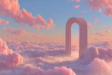 A pastel pink archway, golden trim, floats above fluffy clouds at sunset