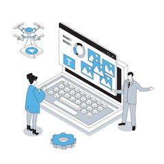 Designer studio 3d isometric concept with isometry people design for web. Creative team brainstorming new ideas, working with digital images and creating pictures for project. Vector illustration