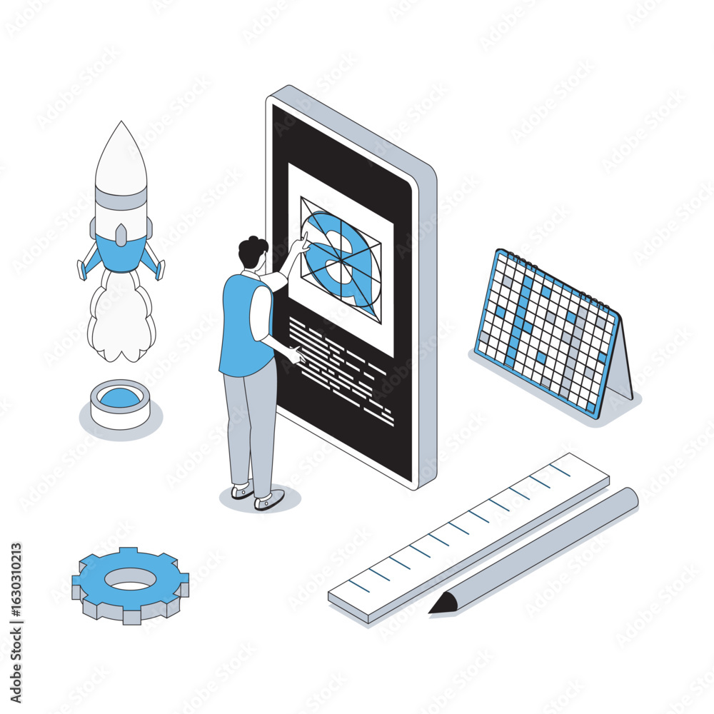 Wall mural designer studio 3d isometric concept with isometry people design for web. illustrator working with t
