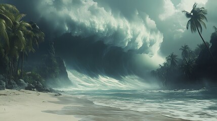 Dramatic tsunami wave surges toward a tropical beach. A disaster background photo featuring towering water, lush foliage and dark sky conveying impending natural calamity. Ideal stock photo.