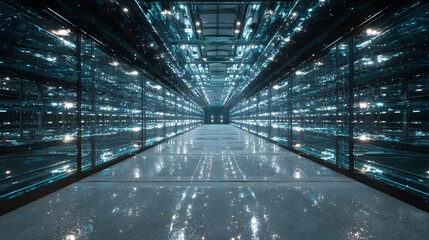 Illuminated Data Center Corridor Servers, Network, Technology