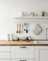 White kitchen with wooden countertop and shelves