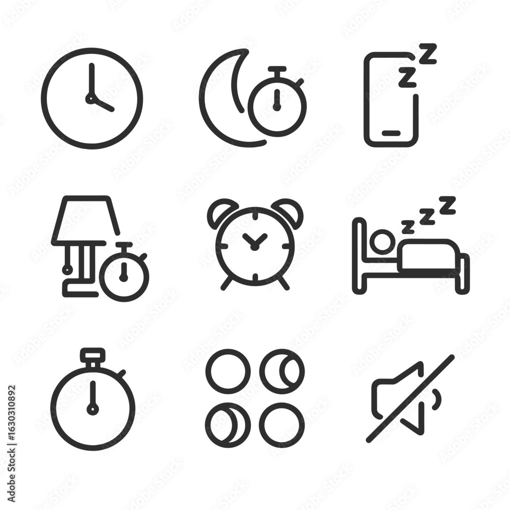 Poster sleep timer icons. outline icon set of sleep timer: bedtime clock, moon with timer, sleep mode icon,