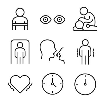 Sleep Paralysis Icons. Outline icon set of sleep paralysis experience: bound body silhouette, wide-open eyes, chest pressure icon,