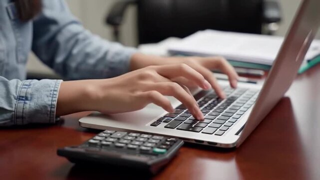 Hands Typing on a Laptop with a Calculator on the Desk - Powered by Adobe