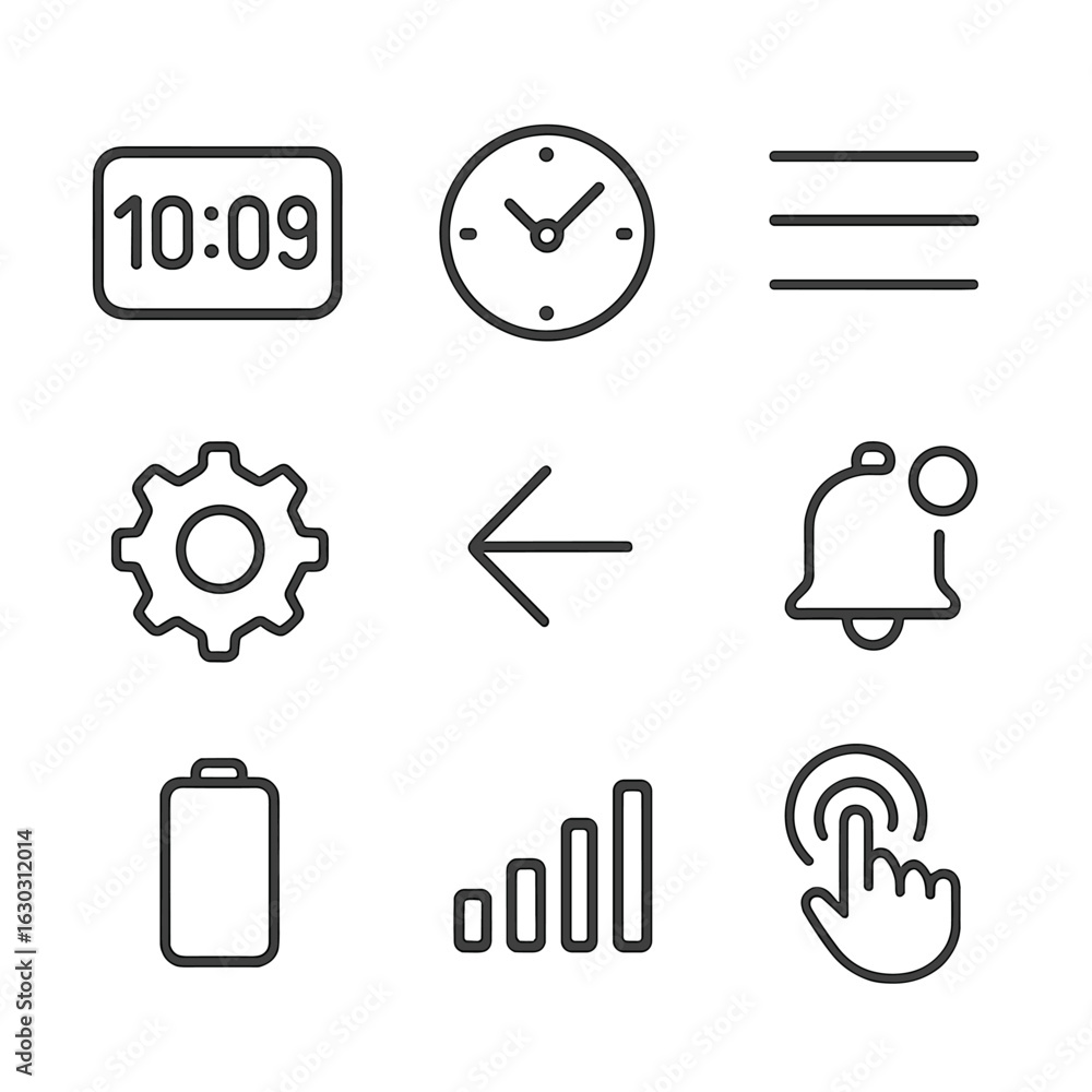 Poster smartwatch ui icon set. outline icon set of smartwatch ui elements: digital clock, analog clock, men