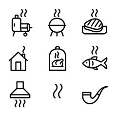 Smoke & Cooking Icons. Outline icon set of smoke and cooking: smoker grill, BBQ with smoke, smoking meat, smoked fish, smokehouse,