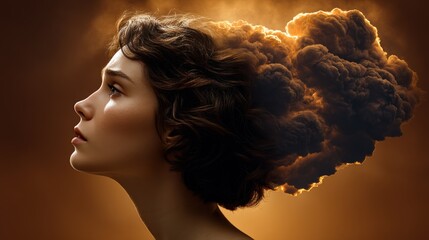 A woman with dark, wavy hair appears to have a cloud of smoke or stormy sky emerging from her head
