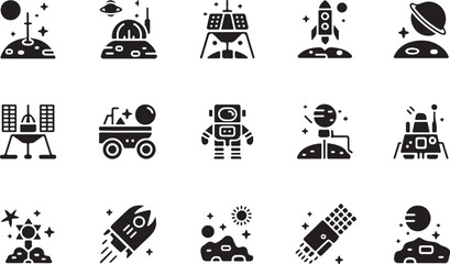 Space exploration and astronauts icon set