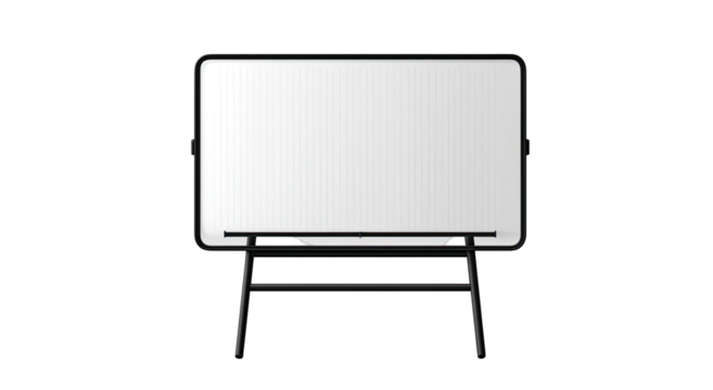 A flat, rectangular, white whiteboard mounted on a dark, simple stand