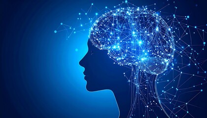 Obraz premium Profile view of a head with a glowing, interconnected brain