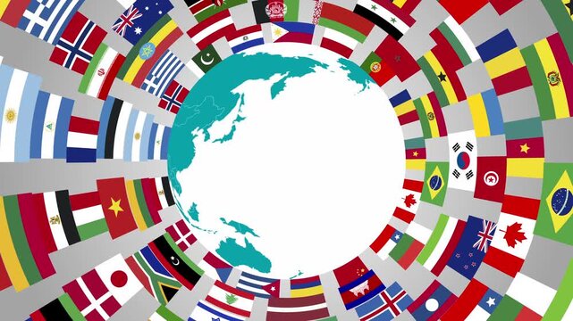 2D animation of Earth globe with a ring of flags around 