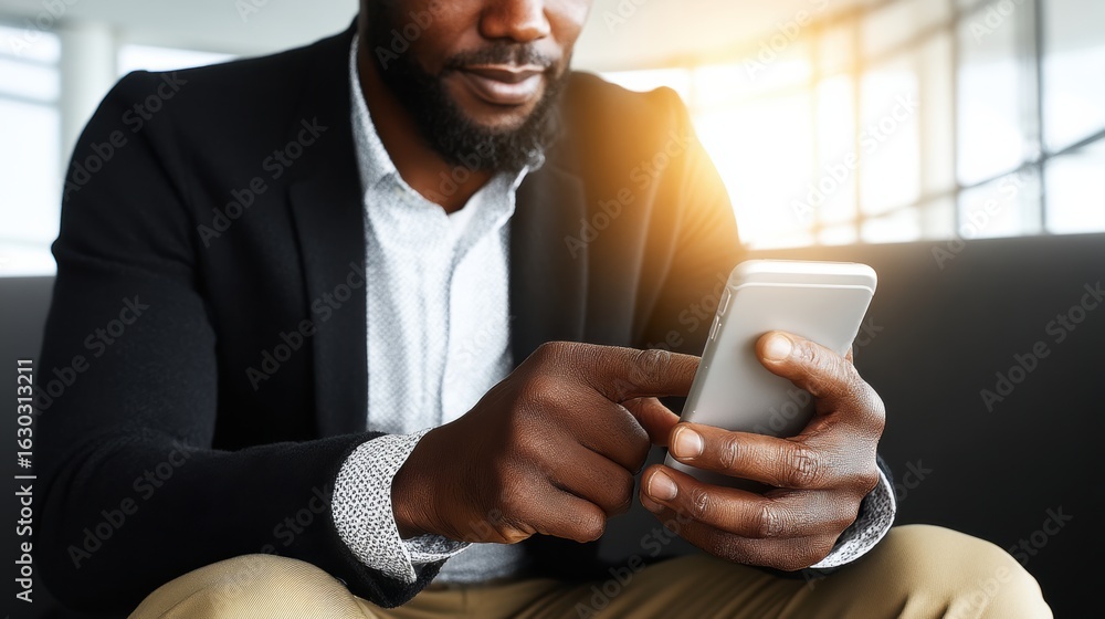 Aufkleber man using smartphone in modern office setting with natural light