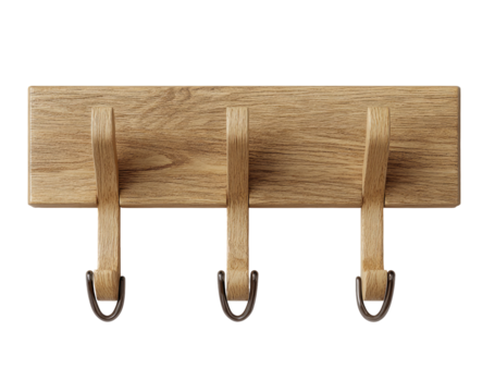 Light-brown wooden wall-mounted coat rack with three curved hooks