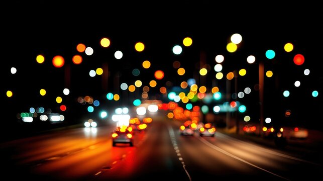 Blurred city street at night with colorful bokeh lights creating a vibrant atmosphere
