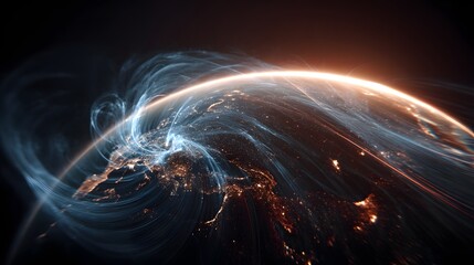 Global energy flow at sunrise, space view, network, future