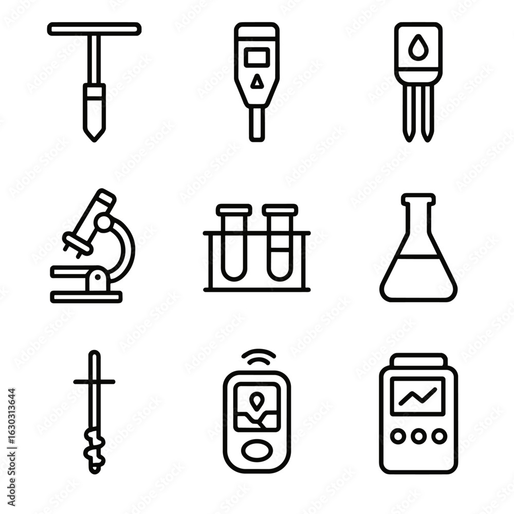 Aufkleber soil testing icon set. outline icon set of soil testing tools: soil sampler, ph meter, moisture sens