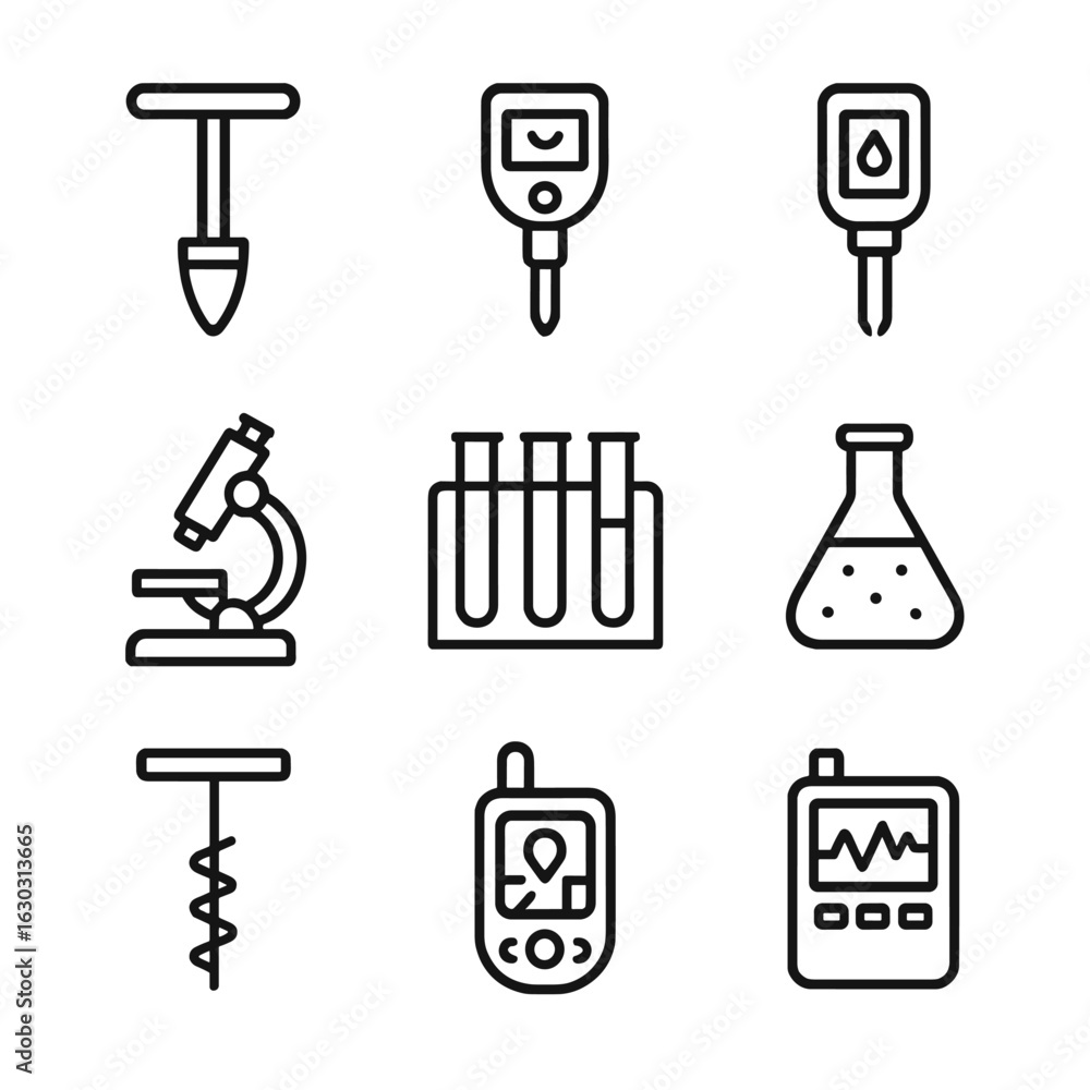 Poster soil testing icon set. outline icon set of soil testing tools: soil sampler, ph meter, moisture sens